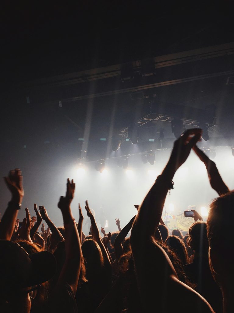 Vibrant concert atmosphere with cheering crowd under spotlights and lively music.